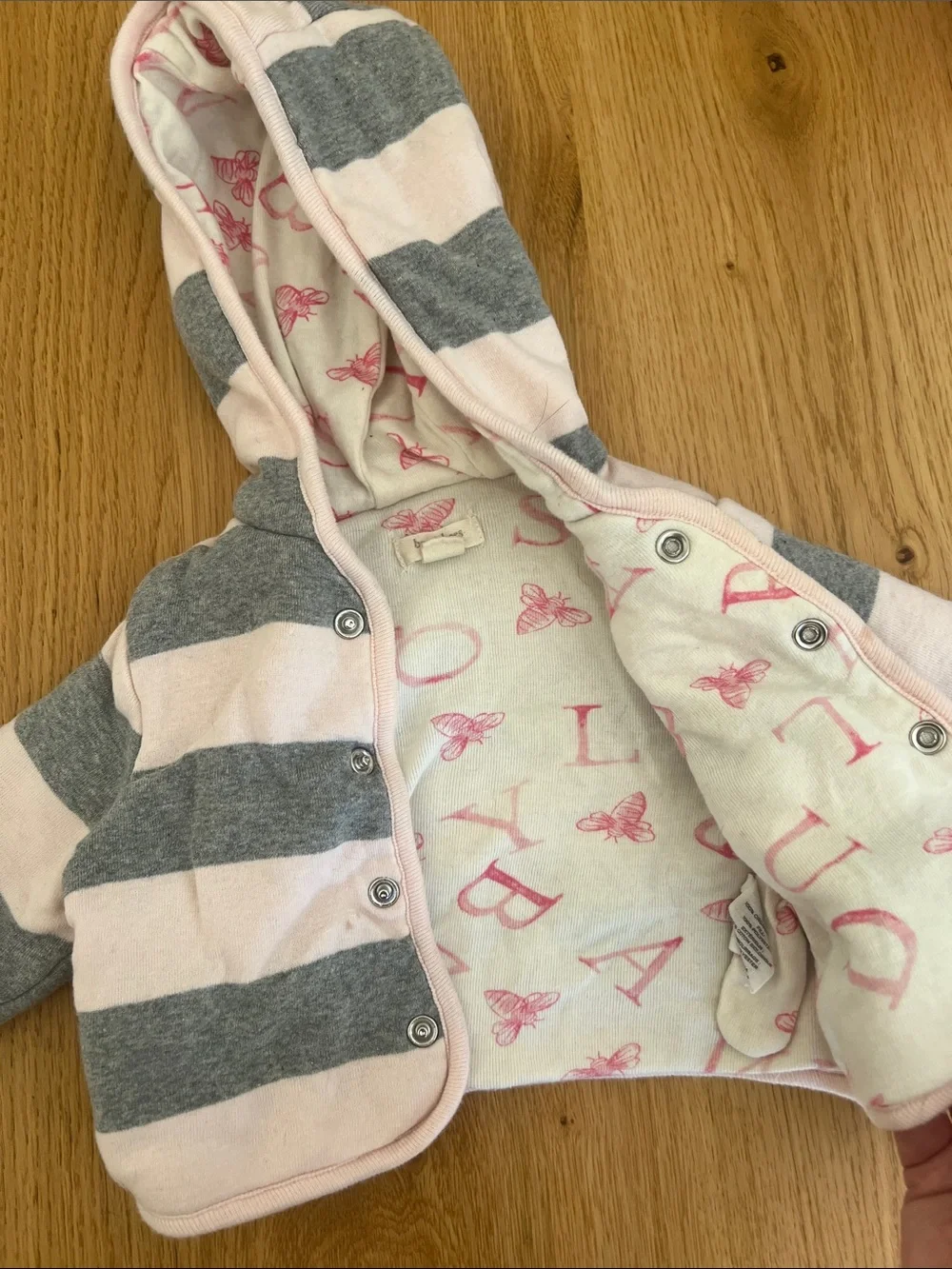 Burt's Bees Baby Pink and Gray Striped Hooded Jacket with Bunny Lining
